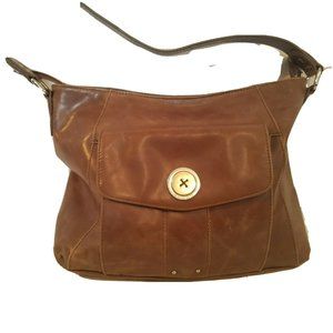 Baggs Brown Leather Hobo Shoulder Bag with Decorative Button Accent Purse
